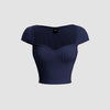 Front view of Sheer cap sleeve cropped top in navy blue, featuring a sweetheart neckline and crafted from a comfortable knit material.