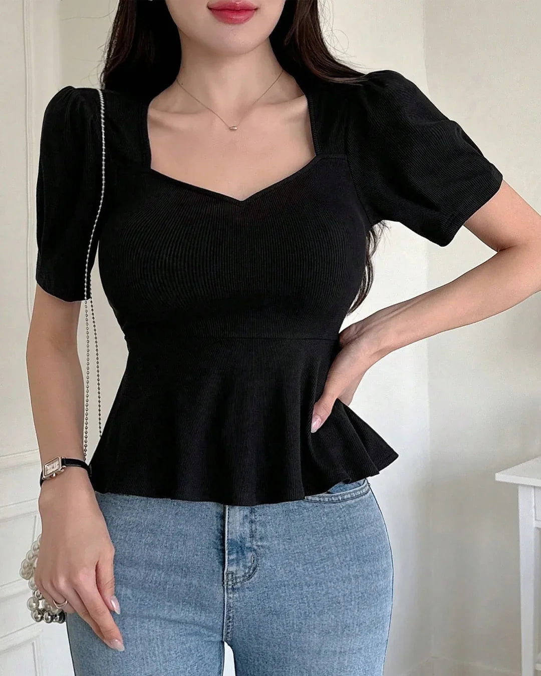 Short Sleeve Back Knot Peplum Top in Black - Littlebox India