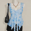 Sweetheart Neck Slim Fit Asymmetrical Hem Floral Print Top in Baby Blue Front View for Women | Littlebox India