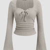 Sweetheart Neck Textured Lace Trim Flared Sleeve Fitted Tie-Bow Top in Light Grey Front View for Women | Littlebox India