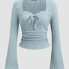 Sweetheart Neck Textured Lace Trim Flared Sleeve Fitted Tie-Bow Top in Sky Blue Front View for Women | Littlebox India