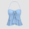 Dusty blue bikini top with a sweetheart  and halter neck neckline, featuring a tiered ruffled skirt for a stylish beach look