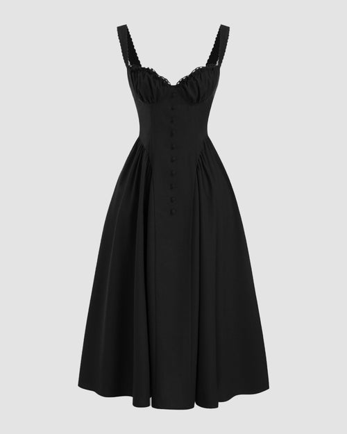 Front view of black lace up corset dress with sweetheart neckline and ruffled detail, elegant fit and flare midi style.