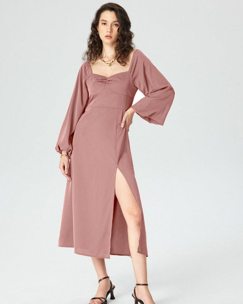 A peach-toned dress featuring a sweetheart neckline and peasant-style sleeves for a soft, romantic look.
