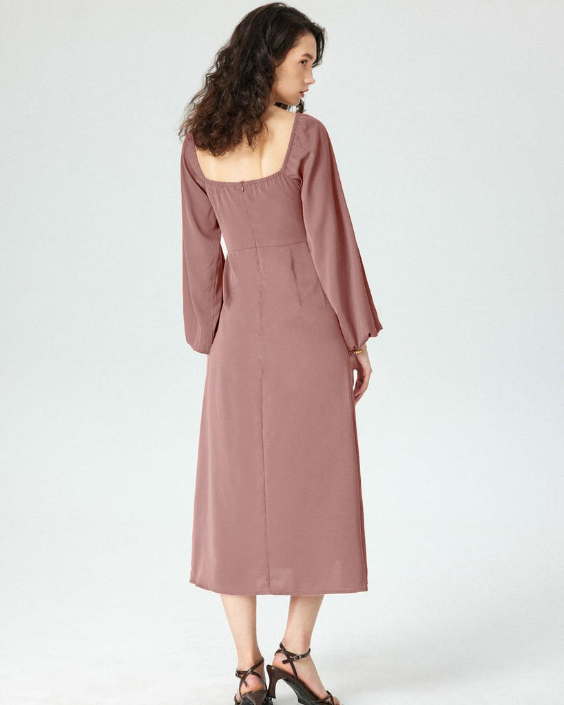 Back view of a peach-toned dress featuring a sweetheart neckline and peasant-style sleeves for a soft, romantic look.