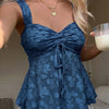 Sweetheart Sleeveless Drawstring Ruffle Top in Blue Front View for Women | Littlebox India