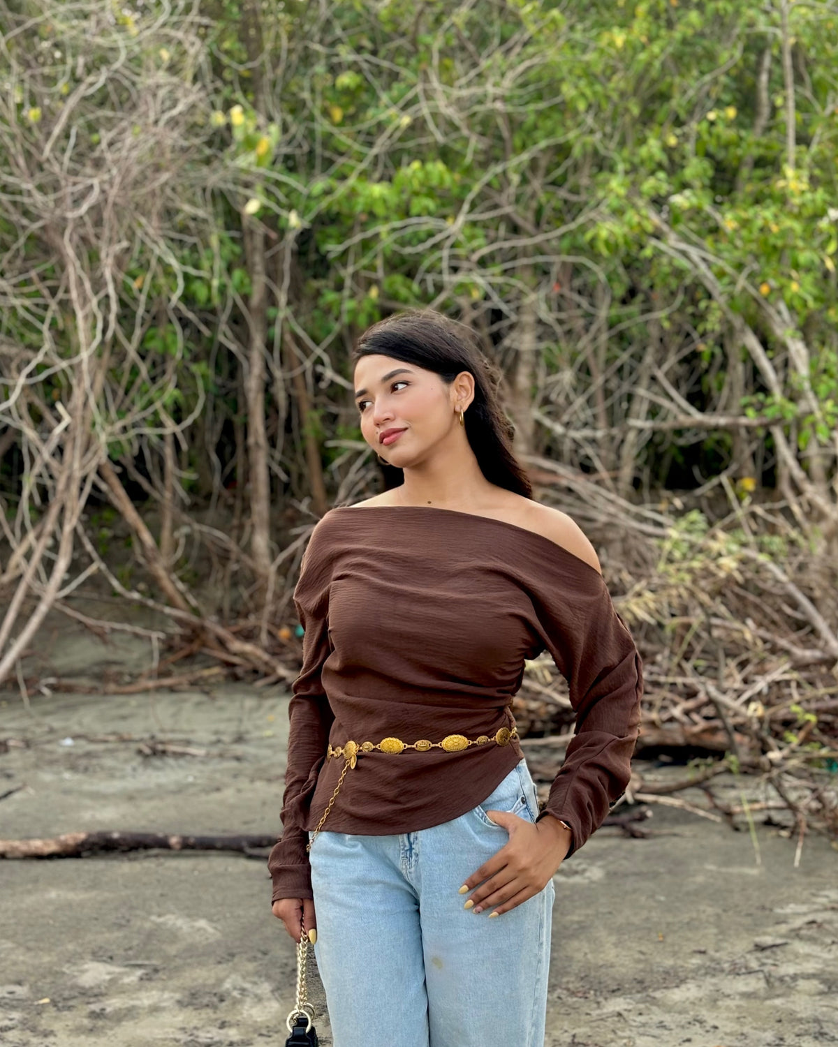Customer photo 1 of Party Off Shoulder Long Sleeve Fitted Top in Brown