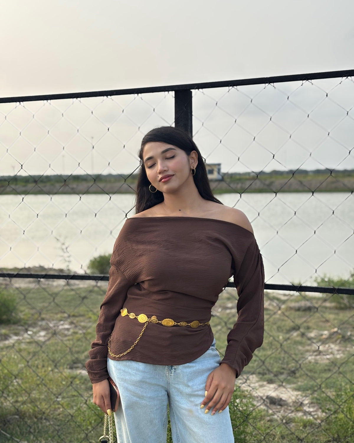 Customer photo 3 of Party Off Shoulder Long Sleeve Fitted Top in Brown