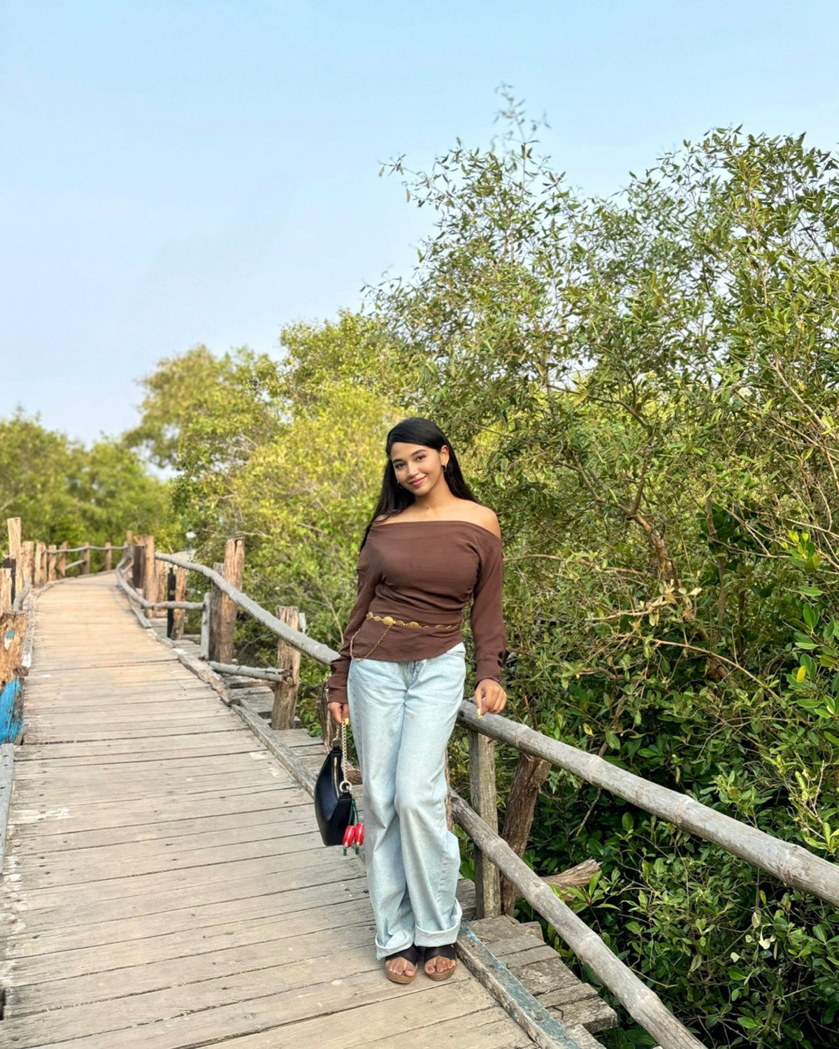Customer photo 2 of Party Off Shoulder Long Sleeve Fitted Top in Brown