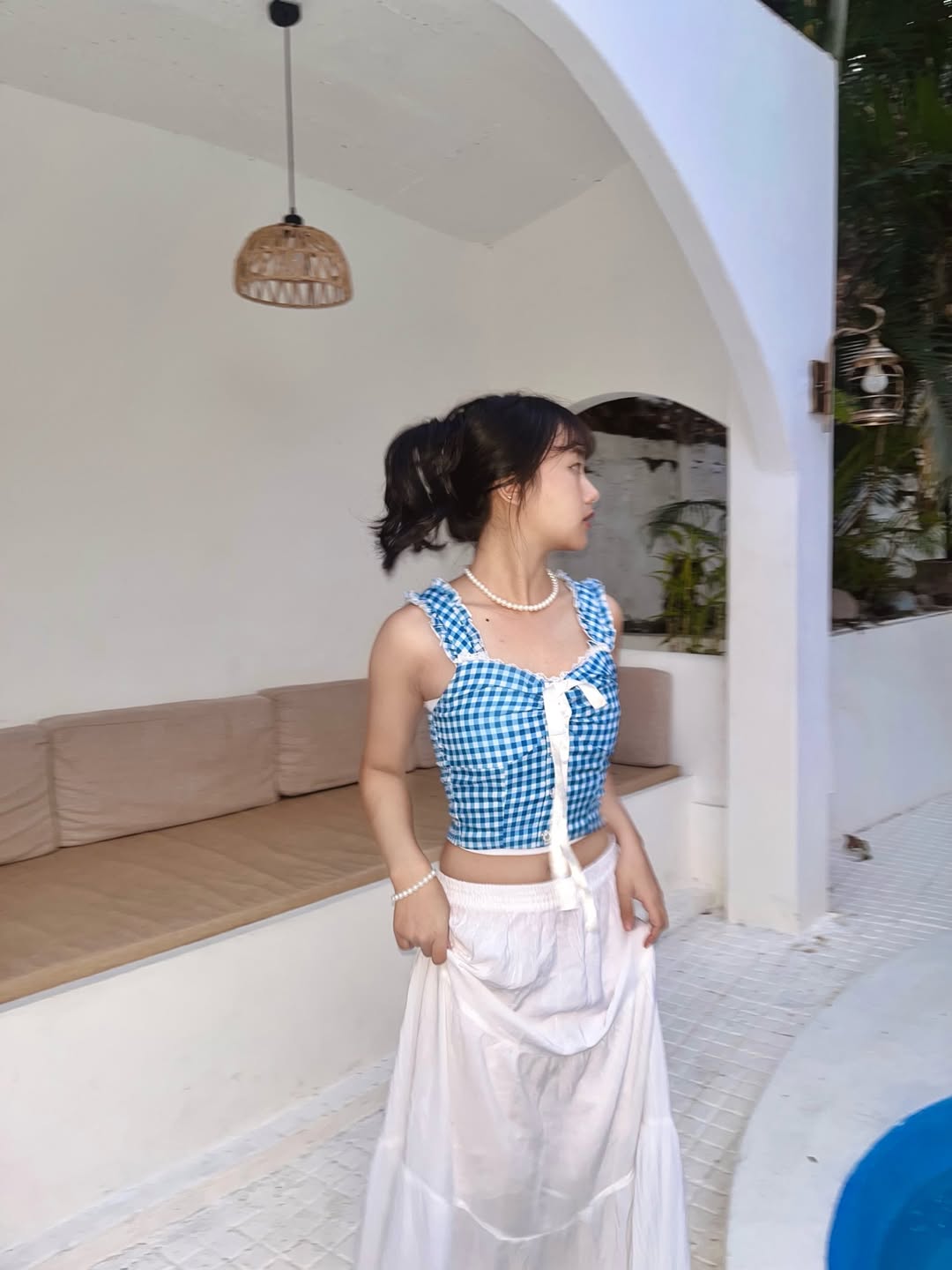 Customer photo 1 of Casual Sweetheart Neck Gingham Sleeveless Crop Top in Blue
