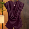 Wine Solid Color Deep V-Neck Twist Knot Asymmetrical Top