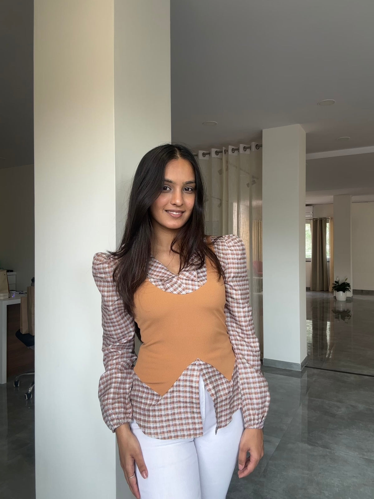 Customer photo 1 of Vintage 2-in-1 Plaid Patchwork Long Sleeve Top