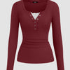 Round Neck Slim-Fit Straight Hem Solid Long Sleeve Top in Maroon