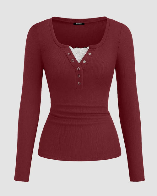 Round Neck Slim-Fit Straight Hem Solid Long Sleeve Top in Maroon