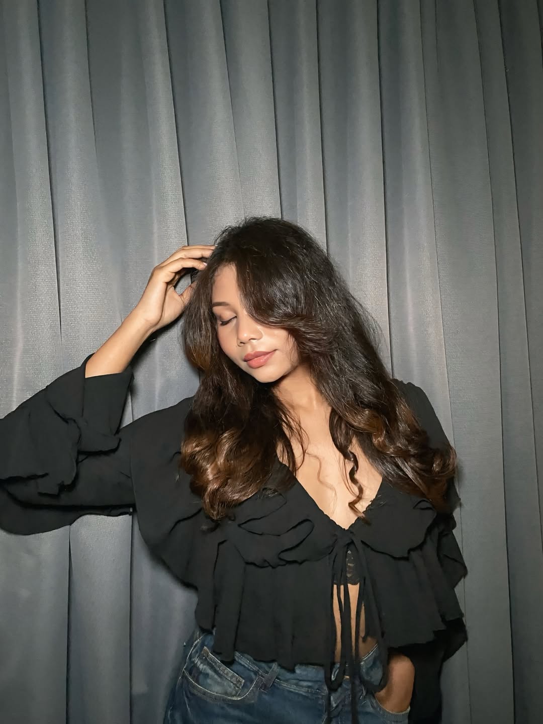 Customer photo 3 of Deep V-Neck Slim-Fit Sheer Mesh Long Sleeve Crop Top in Black