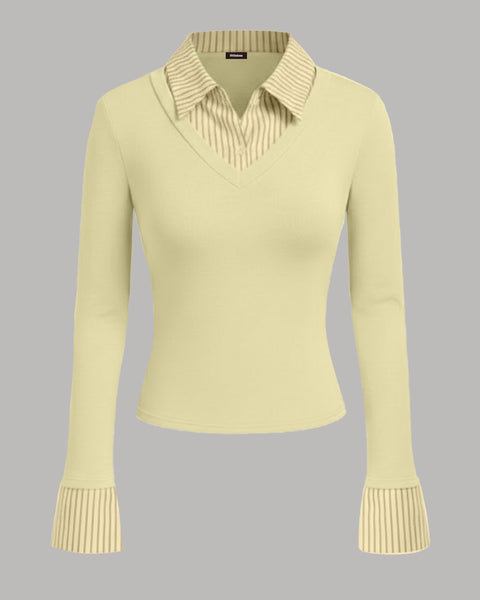Collar Stripe Two Tone Top in French Vanilla