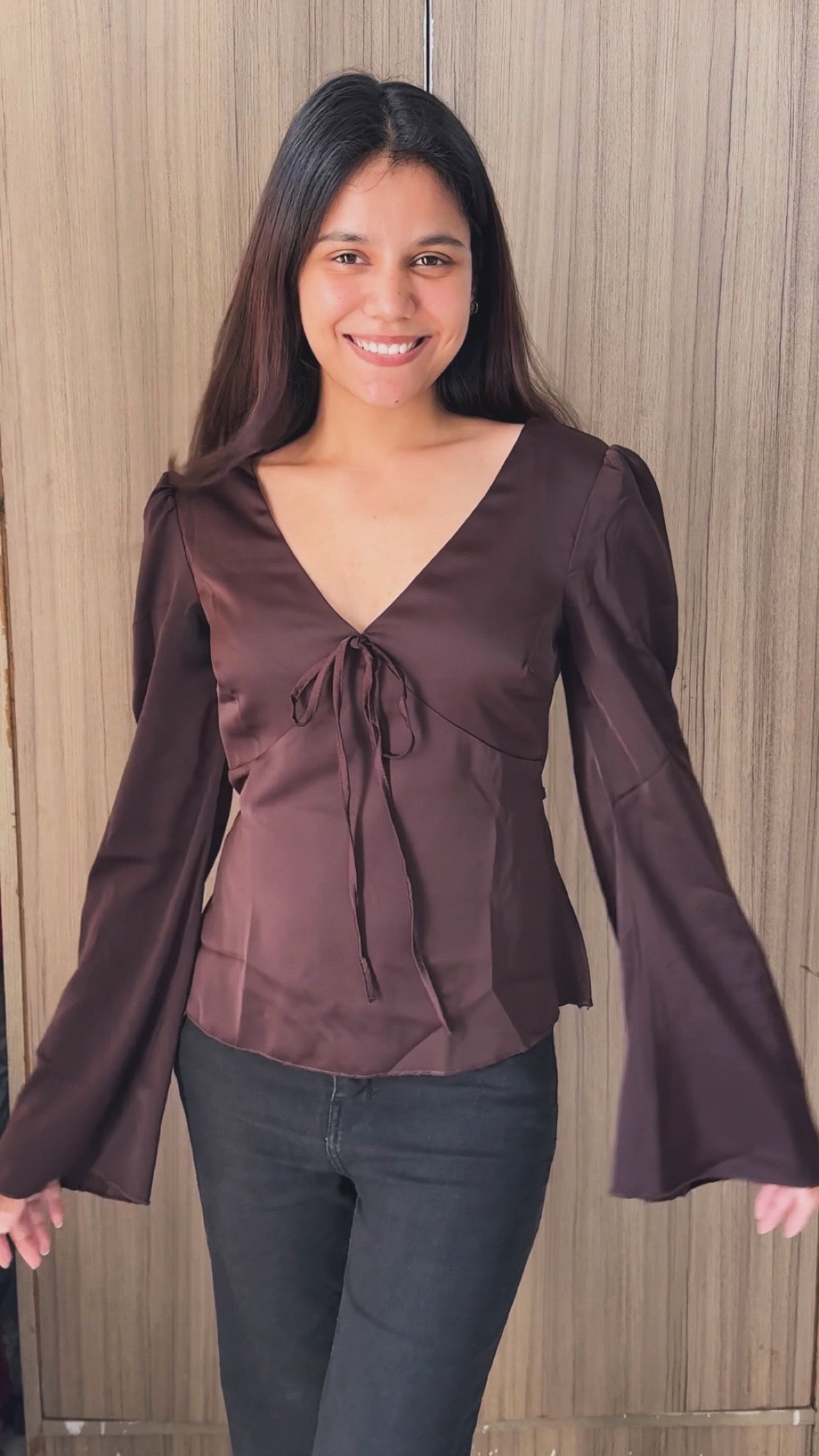 Customer photo 1 of Satin V-Neck Flare Sleeve Top in Coffee