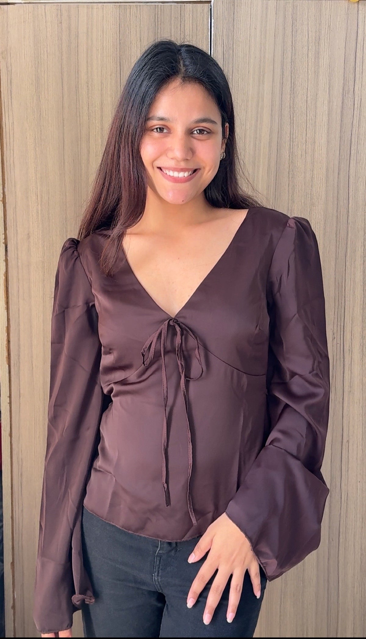 Customer photo 2 of Satin V-Neck Flare Sleeve Top in Coffee
