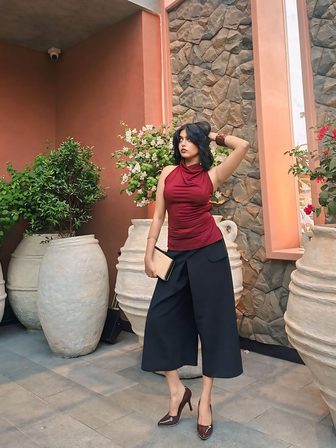 Customer photo 2 of Halter Neck Slim-Fit Straight Hem Solid Sleeveless Crop Top in Maroon