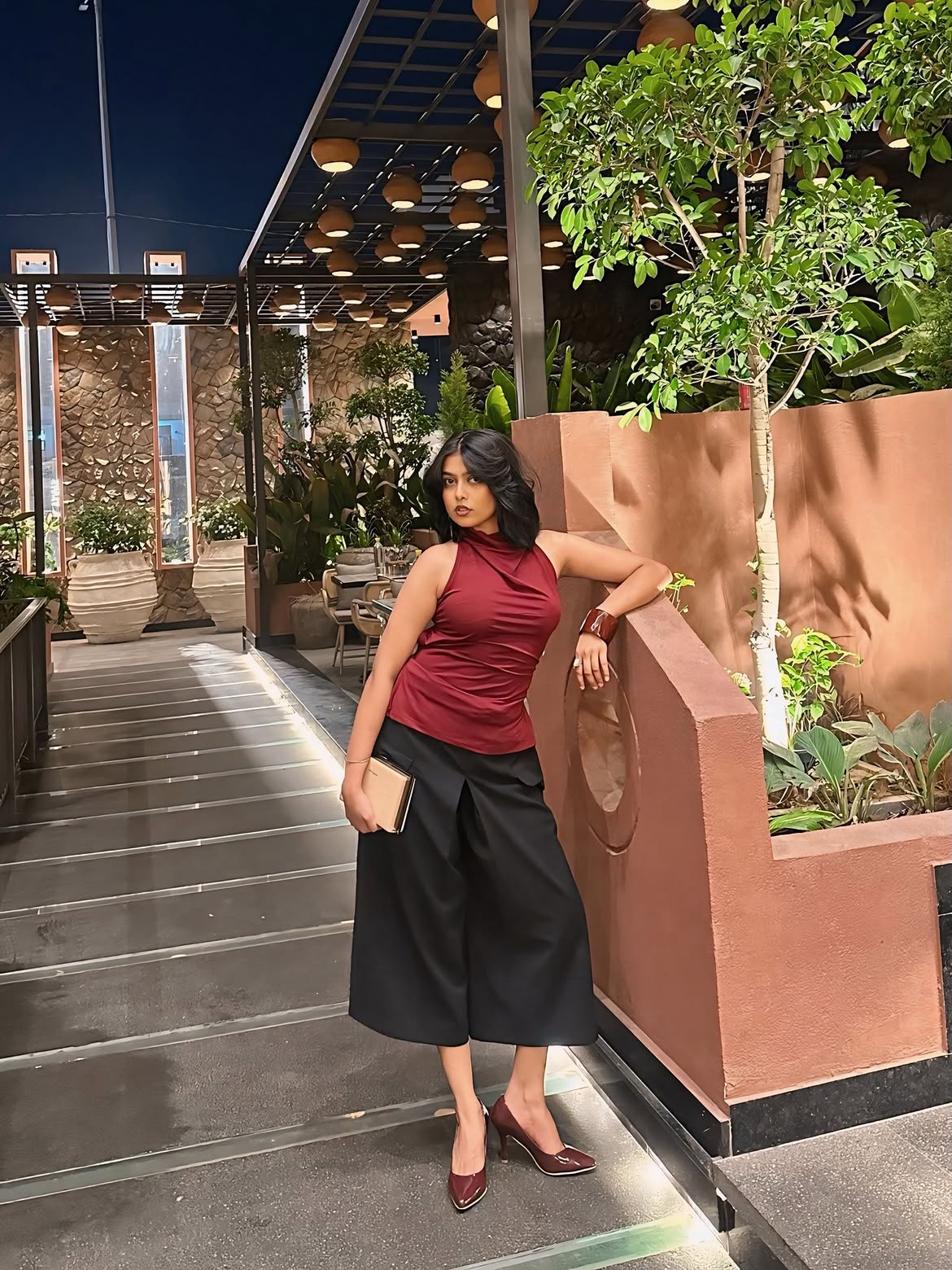 Customer photo 3 of Halter Neck Slim-Fit Straight Hem Solid Sleeveless Crop Top in Maroon