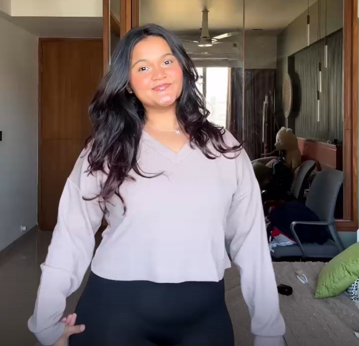 Customer photo 1 of Solid V-Neck Drop Shoulder Long Sleeve Cropped Sweater in Brown