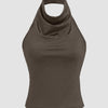 Halter Neck Slim-Fit Straight Hem Solid Sleeveless Crop Top in Brown