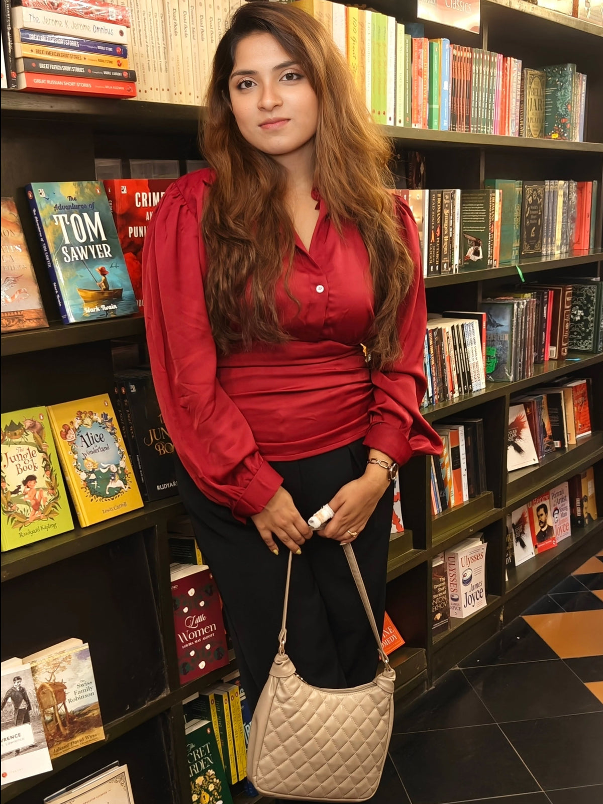 Customer photo 2 of Red Solid Color Satin Long Sleeve Collared Waist Top