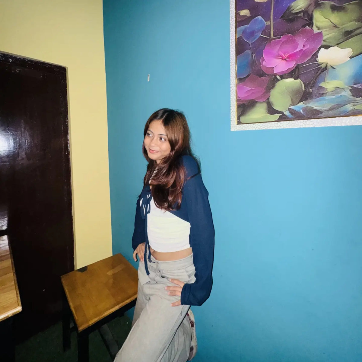 Customer photo 1 of Halter Neck Straight Hem Full Sleeve 2-In-1 Crop Top in Navy Blue