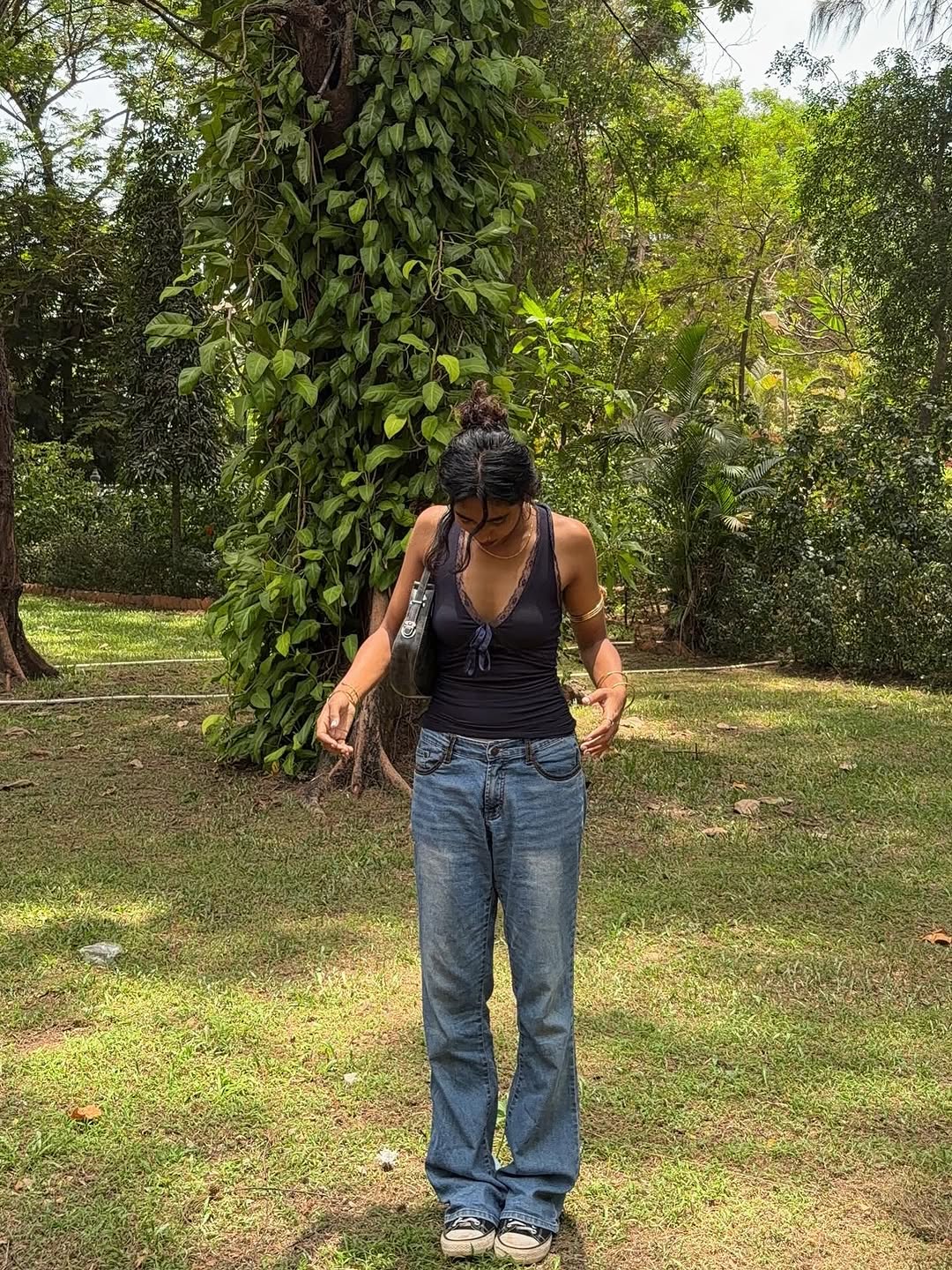Customer photo 3 of Halter Neck Slim Fit Straight Hem Contrast Lace Backless Sleeveless Top in Navy Blue