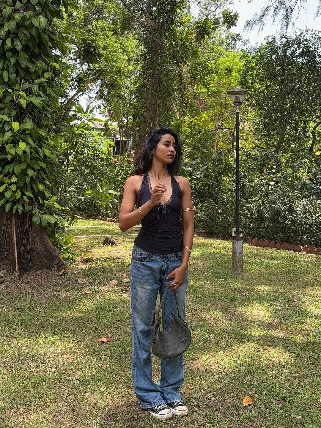 Customer photo 2 of Halter Neck Slim Fit Straight Hem Contrast Lace Backless Sleeveless Top in Navy Blue