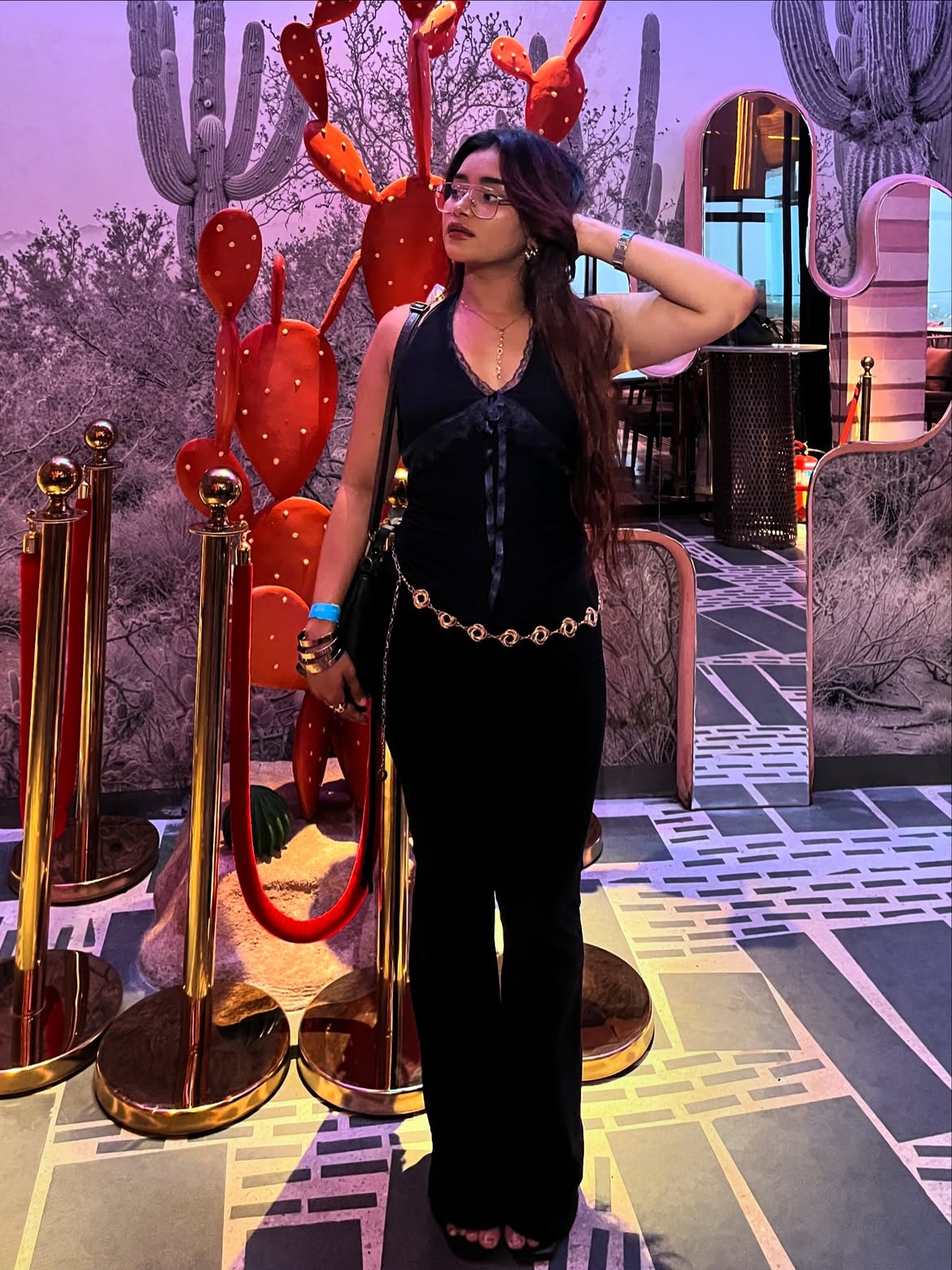 Customer photo 1 of Halter Neck Slim Fit Straight Hem Contrast Lace Backless Sleeveless Top in Navy Blue