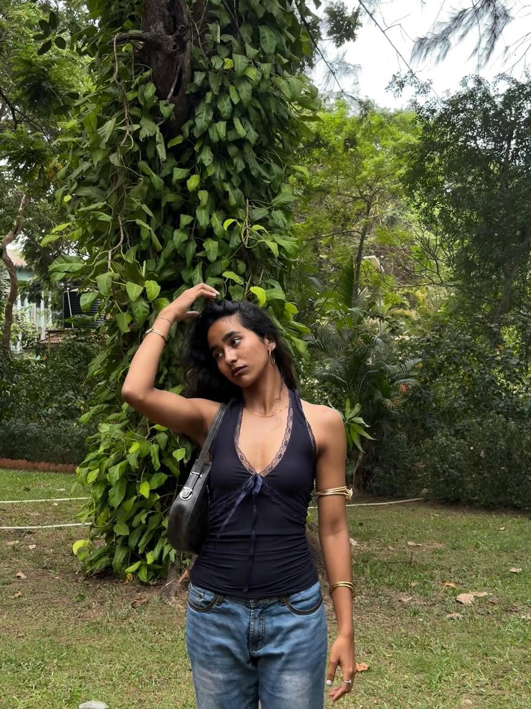 Customer photo 1 of Halter Neck Slim Fit Straight Hem Contrast Lace Backless Sleeveless Top in Navy Blue