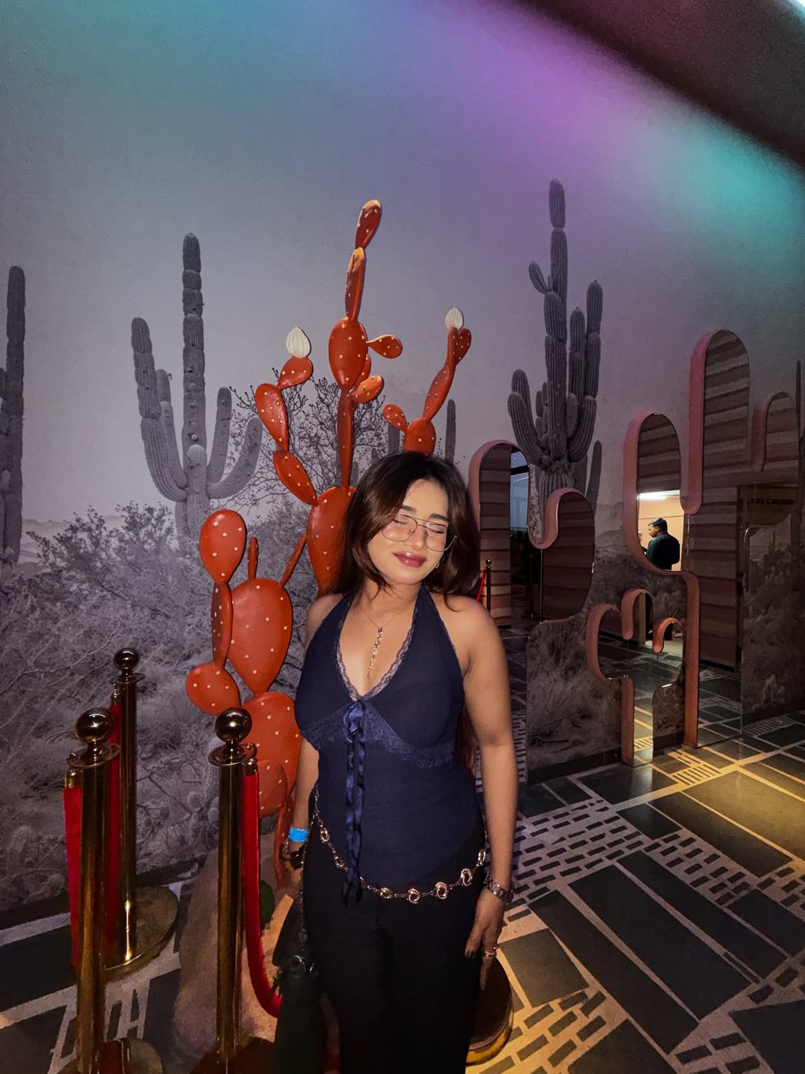 Customer photo 3 of Halter Neck Slim Fit Straight Hem Contrast Lace Backless Sleeveless Top in Navy Blue