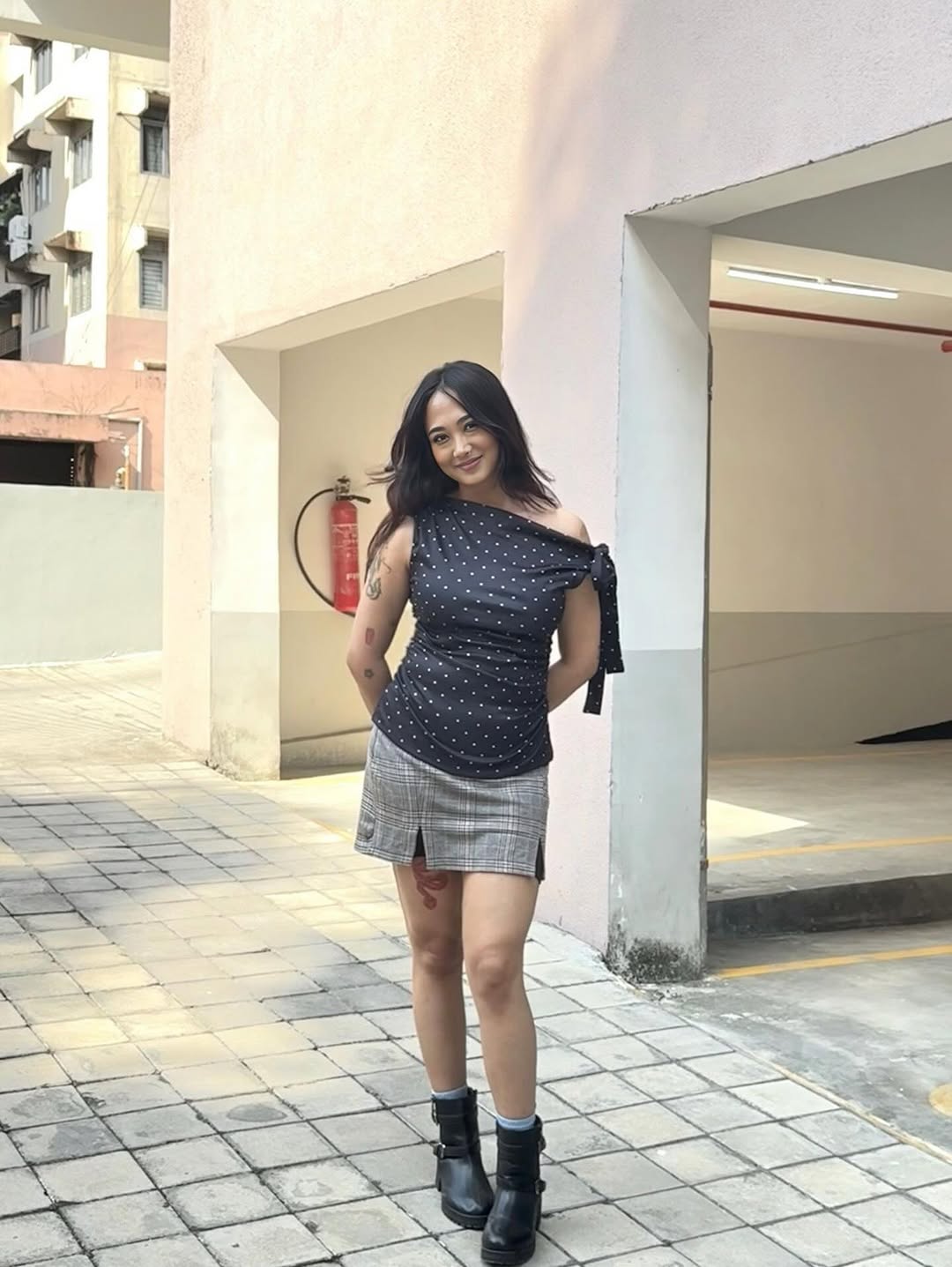 Customer photo 1 of Asymmetrical Neck Polka Dot Ruched Knotted Top