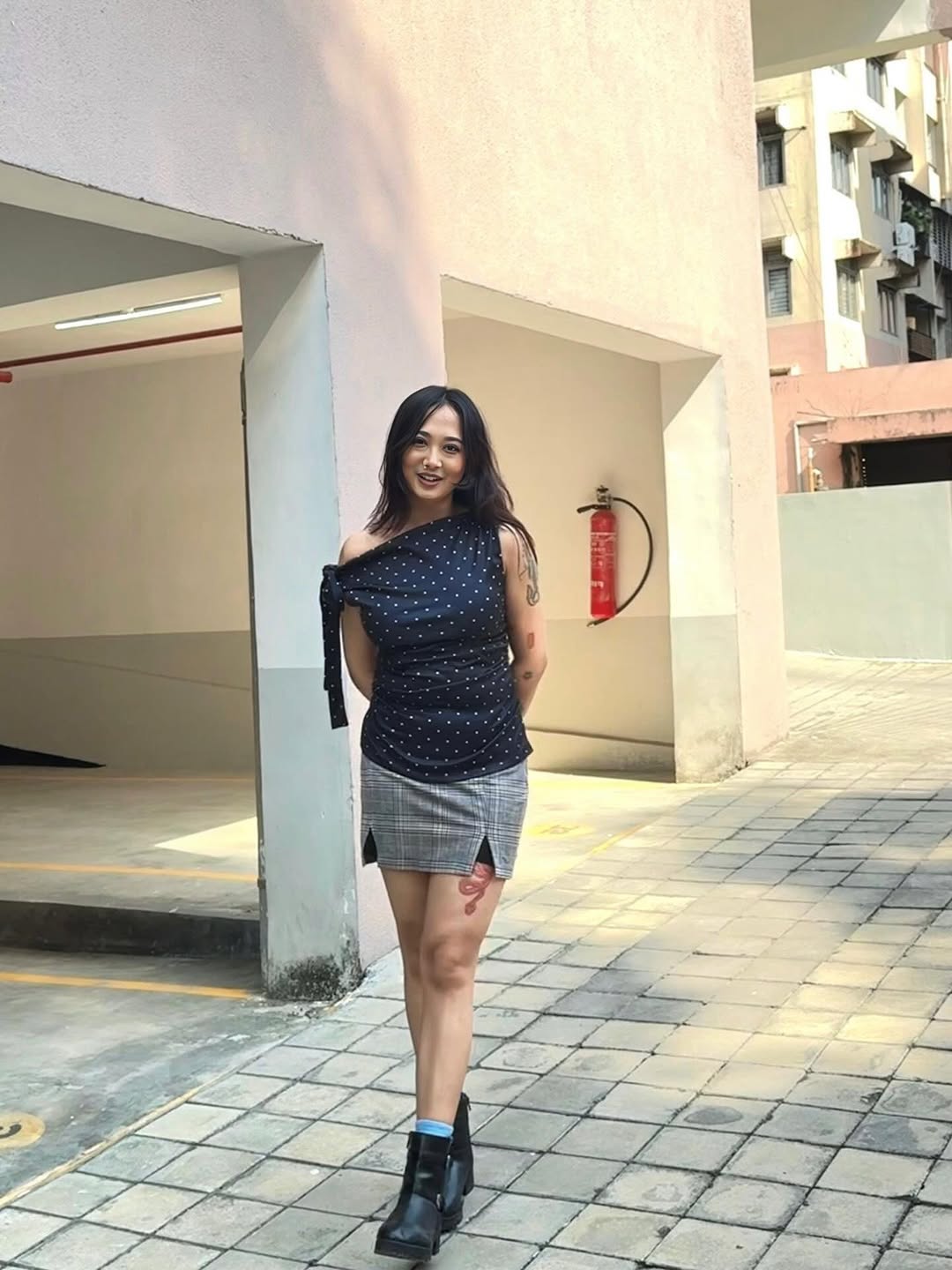 Customer photo 2 of Asymmetrical Neck Polka Dot Ruched Knotted Top