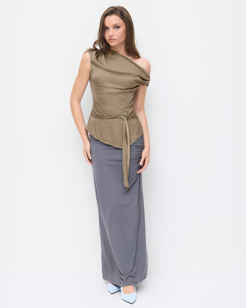 Asymmetrical Neck Top with Metal Detail in Brown- Littlebox India