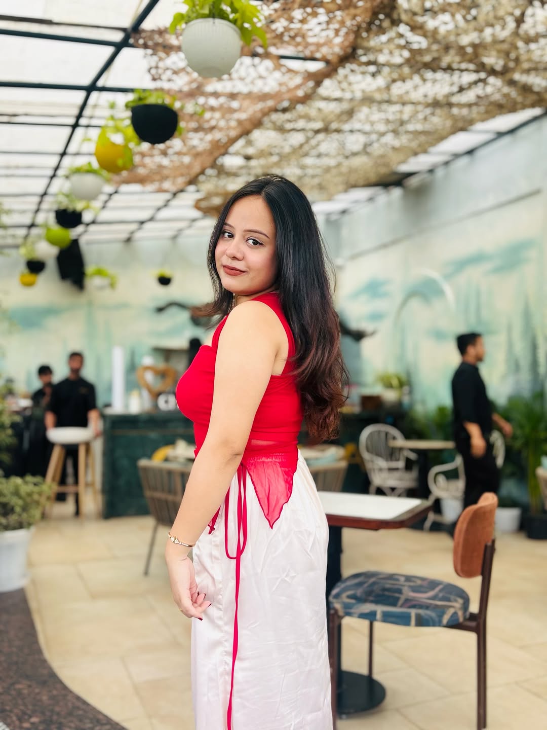 Customer photo 2 of Tie Front Asymmetrical Hem Sleeveless Top in Dark Red