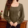Square Neck Button-Up Peplum Top in Cocoa Brown