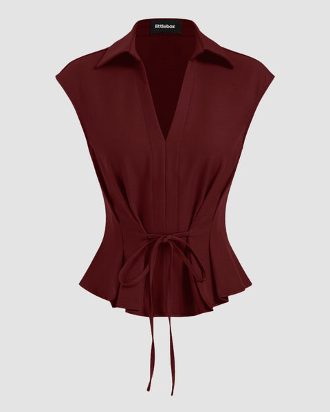 V-Neck Ruched Ruffled Tie Front Top in Maroon