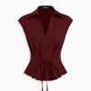 V-Neck Ruched Ruffled Tie Front Top in Maroon