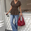 V-Neck Short Sleeve Peplum Top in Chocolate Brown