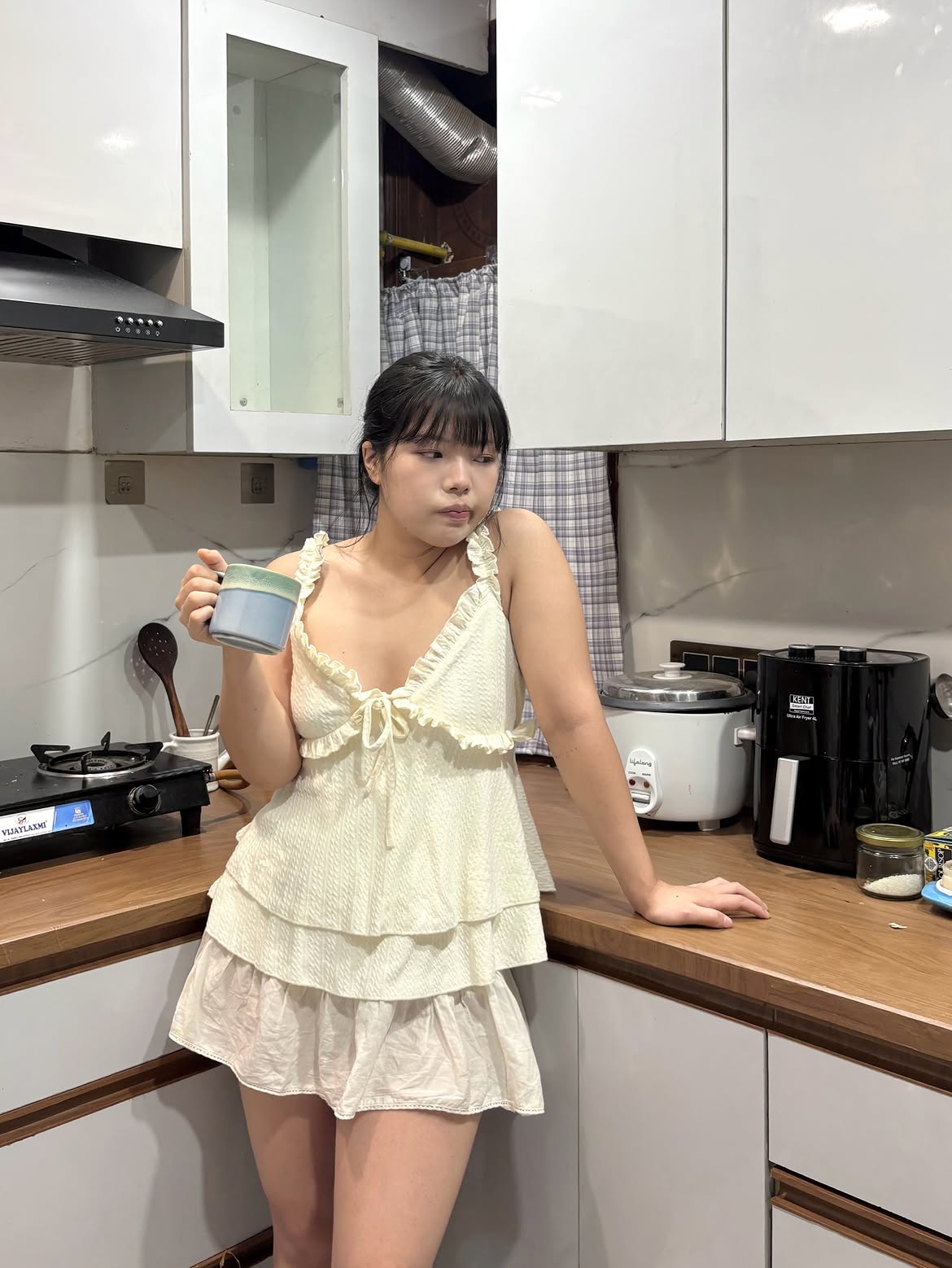 Customer photo 2 of Spaghetti Strap Ruffle Hem Camisole Top in Classic White