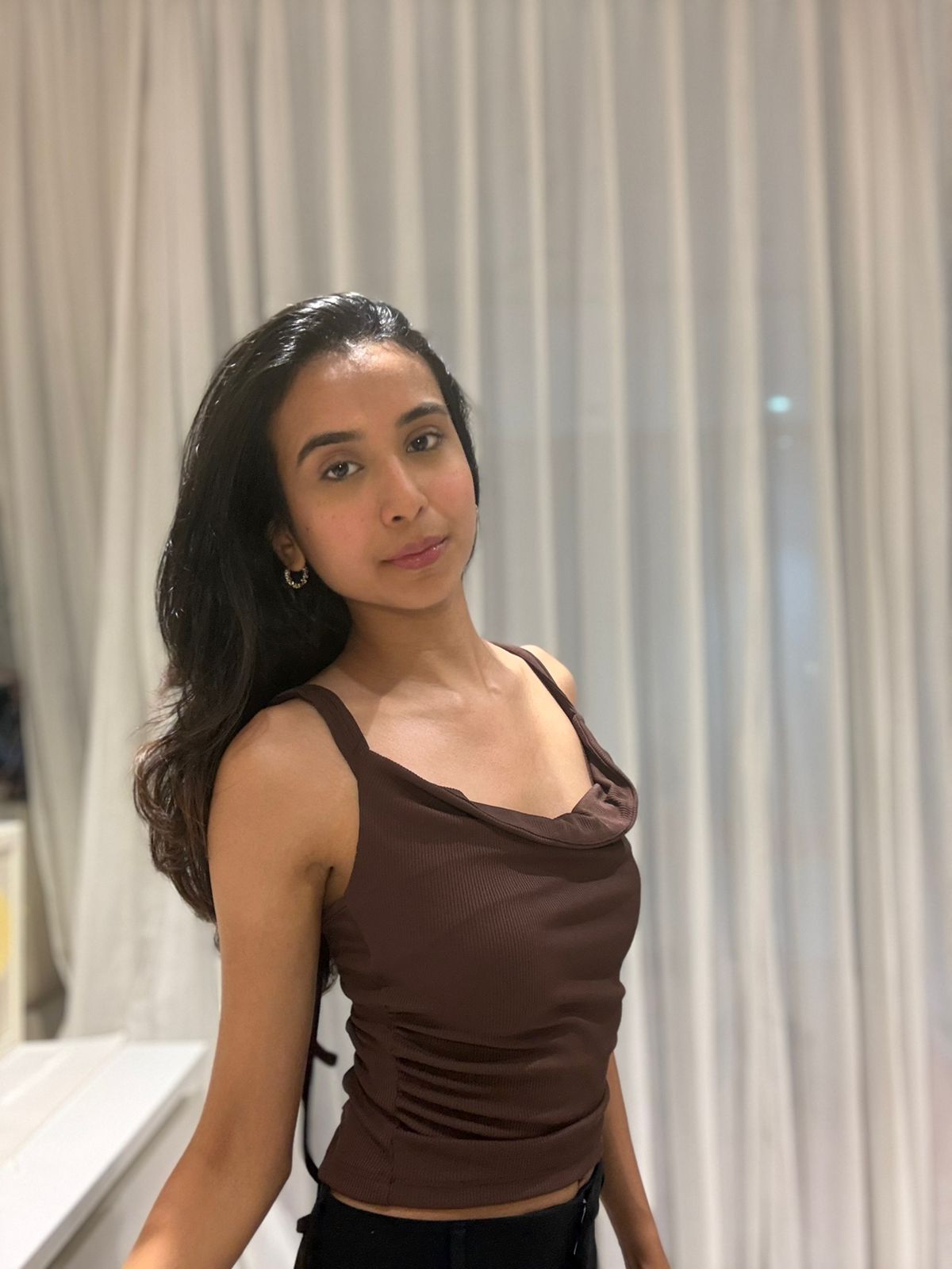 Customer photo 1 of Ruched Cowl Neck Cami Crop Top in Brown