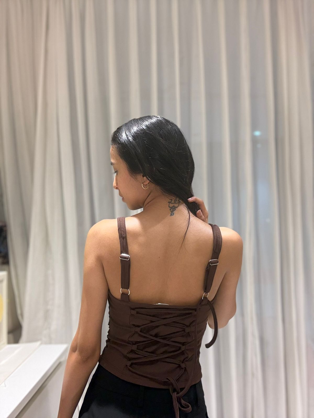Customer photo 2 of Ruched Cowl Neck Cami Crop Top in Brown