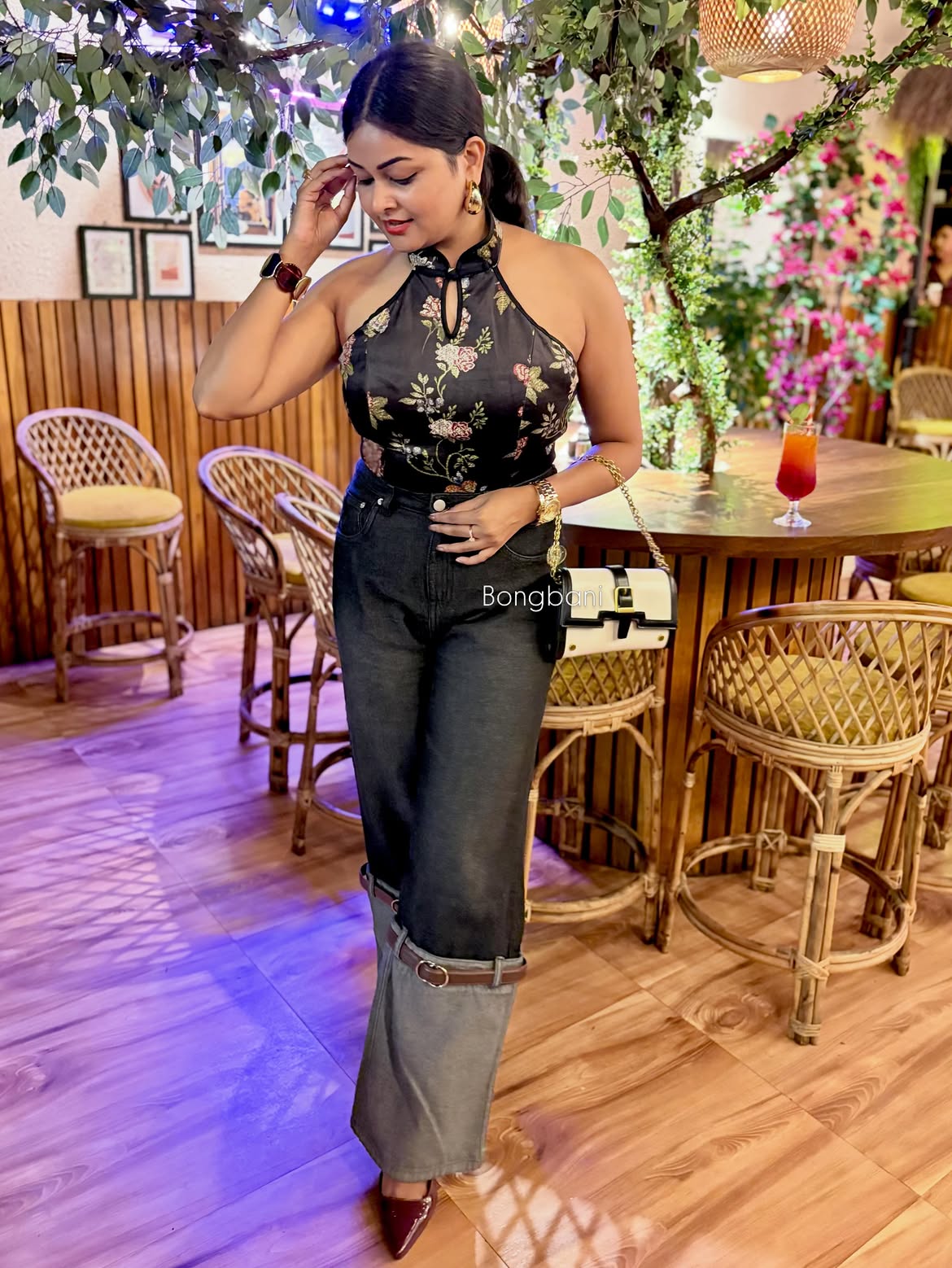 Customer photo 2 of Keyhole Halter Neck Button Floral Top in Classic Black