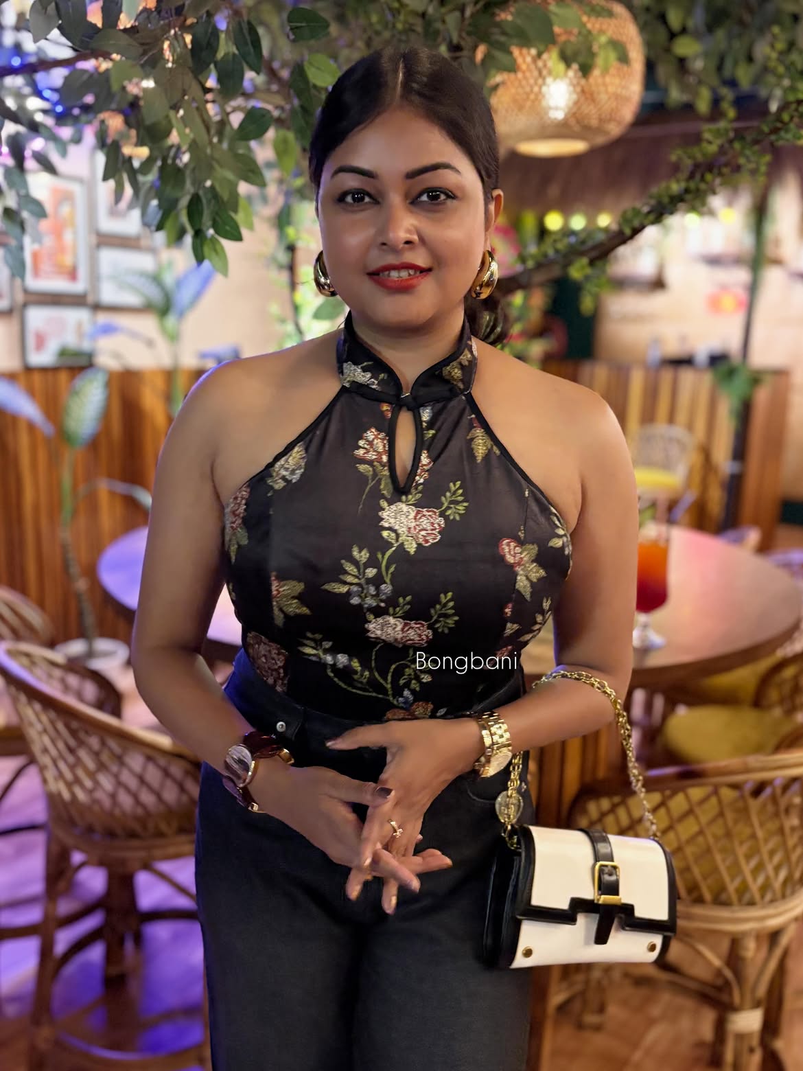 Customer photo 1 of Keyhole Halter Neck Button Floral Top in Classic Black