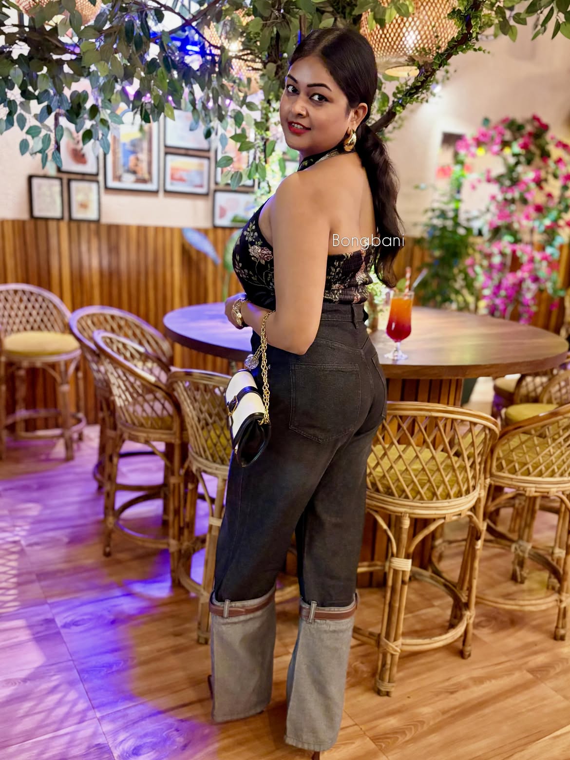 Customer photo 3 of Keyhole Halter Neck Button Floral Top in Classic Black