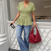 V-Neck Short Sleeve Peplum Top in Herbal Green