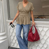 V-Neck Short Sleeve Peplum Top in Brown