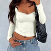 Lace Trim Ruched Bust Fitted Long Sleeve Top in Beige